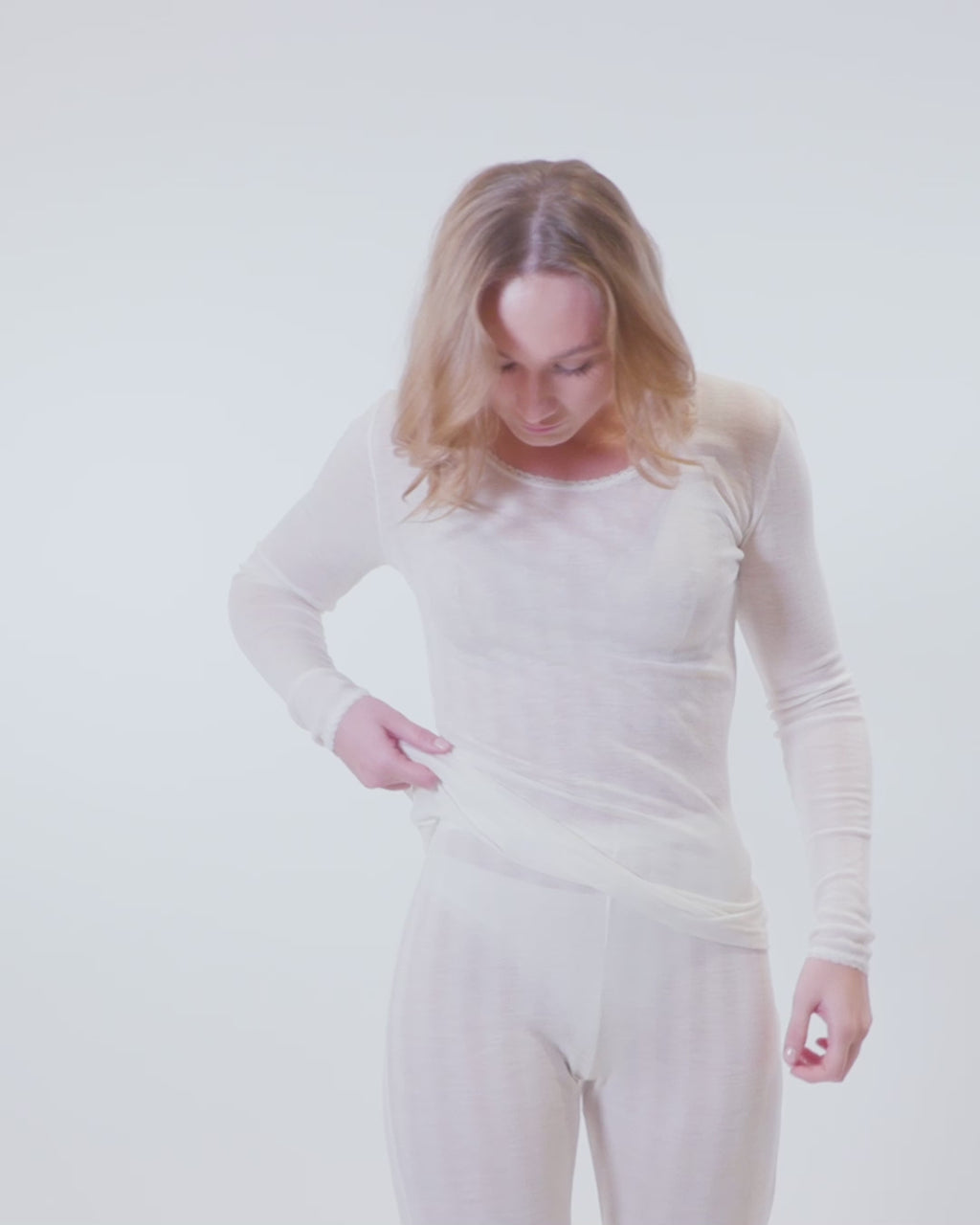 Joha uld-silke leggings med blondekant naturhvid